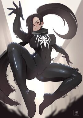 1girls alternate_costume angry bodysuit breasts brown_eyes brown_hair cosplay covered_navel covered_nipples crossover female female_only fire_emblem fire_emblem_fates frown hair_over_one_eye ihsnet kagero_(fire_emblem) large_breasts latex legs long_hair looking_at_viewer marvel marvel_comics nintendo ponytail scarf solo spider-man_(series) spread_legs symbiote venom_(cosplay) very_long_hair