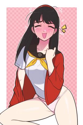 1girls amagi_yukiko black_hair blush closed_eyes clothing drunk eyes_closed female female_only hairband jeffmiga no_pants panties persona persona_4 persona_4_the_golden sailor_collar school_uniform serafuku solo solo_focus thighs yukiko_amagi