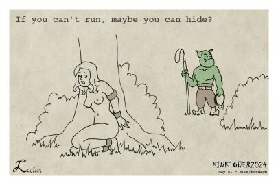 bondage bound english_text female femsub forest goblin goblin_male hiding kinktober kinktober_2024 line_art luctem male outdoors partially_colored png text tree trying_to_escape trying_to_hide
