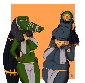 2girls ammit ammit_(moon_knight) anthro anthro_only big_breasts breasts deity egyptian egyptian_clothes egyptian_female egyptian_mythology female female_only goddess hippopotamus hippopotamus_humanoid lewdigo marvel marvel_cinematic_universe marvel_comics monster_girl moon_knight_(series) mythology nightmare_waifu public_domain scalie scalie_female scalie_humanoid taweret taweret_(moon_knight)