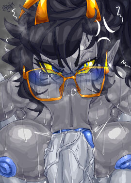 :>= angry anteater_face blue_lipstick blush breasts colored_nipples fellatio female glasses homestuck horns lujitix sweat tagme vacuum-like_fellatio vacuum_blowjob vacuum_fellatio vriska_serket