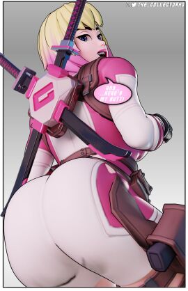 alternate_version_available ass ass_focus clothed clothed_female clothing female fortnite fully_clothed fully_clothed_female gwen_poole gwenpool gwenpool_(fortnite) looking_back looking_back_at_viewer marvel marvel_comics multicolored_hair open_mouth presenting presenting_hindquarters sfw talking_to_viewer text text_bubble the_collectorhd