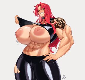 1girls areolae breasts female huge_breasts lifting_shirt muscular nipples okasbasement original original_character red_hair ripped_pants tagme tattoo