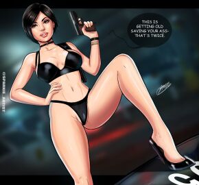 ada_wong asian asian_female athletic athletic_female black_hair breasts brown_eyes busty english_text female female_focus female_only hourglass_figure looking_at_viewer makeup resident_evil resident_evil_2 resident_evil_2_remake short_hair sparkietheartist tagme text wide_hips