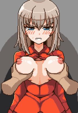 1boy animated blush breast_grab breast_squeeze breast_squish breasts breasts_out female female_focus girls_und_panzer heart-shaped_pupils itsumi_erika large_breasts looking_at_viewer male nipples open_mouth pixel_animation pixel_art pov saitou_kakkou squeezing_breast