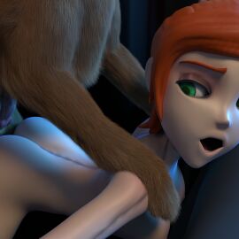 1boy 1girls 3d ben_10 bestiality blender canine cartoon_network dog domestic_dog female green_eyes gwen_tennyson interspecies looking_back male open_mouth orange_hair sex zoophilia