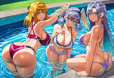 3girls a_(xenoblade) ai_generated ass bent_over bikini blonde_hair blue_eyes breasts butt_crack choker cleavage core_crystal curvaceous curvy curvy_figure dat_ass expressionless female female_only fiora_(xenoblade) green_eyes hair_braid hair_ornament head_wings huge_ass huge_breasts long_hair looking_at_viewer looking_back medium_hair melia_antiqua monolith_soft necklace nintendo novelai partially_submerged pool poolside ripples seductive_eyes seductive_look seductive_smile short_hair silver_hair single_earring sitting smile swimming_pool swimsuit two-piece_swimsuit vermadis2x voluptuous voluptuous_female water wide_hips xenoblade_(series) xenoblade_chronicles_(series) yellow_hair
