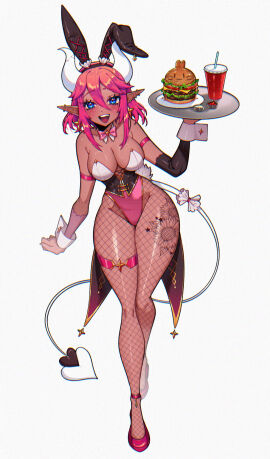 1girls bare_chest bare_hands bare_shoulders belly belly_button black_bunny_ears black_hairband blue-eyed_female blue_eyes bowtie breasts brown-skinned_female brown_skin brown_skinned_female bunny_ears burger bust_cup calves child_bearing_hips cleavage collarbone crystalsugarstars curvaceous curvaceous_body curvaceous_female curvaceous_figure curvaceous_hips curvaceous_thighs curvy curvy_body curvy_female curvy_figure curvy_hips curvy_thighs demon_horn demon_horns demon_tail demon_wings dot_nose drink ear_piercing earrings elbows exposed_chest exposed_shoulders exposed_skin female female_focus female_only fingers fishnet_legwear fishnet_pantyhose footwear full_body hair_between_eyes hairband high_resolution highres horn horns hourglass_figure knees large_breasts lean_figure legs legwear leotard lilith_(crystalsugarstars) looking_at_viewer medium_hair midriff narrow_waist navel open_mouth open_mouth_smile original original_art original_artwork original_character pantyhose parted_lips pierced_ear pierced_ears pink-haired_female pink_bowtie pink_eyebrows pink_footwear pink_hair pink_leotard pink_shoes pink_topwear shoes shoulders sidelocks simple_background slender_body slender_waist slim_female slim_waist smile smiley_face smiling_at_viewer smooth_skin solo standing tail thick_thighs thighs thin_waist tongue topwear upper_teeth v-line white_background white_horn white_horns white_leotard white_topwear wide_hips wings