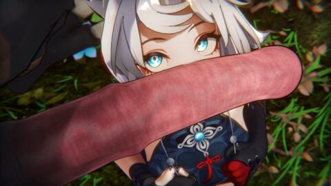 1boy 1girls feixiao_(honkai:_star_rail) female genshin_impact hilichurls_(species) honkai:_star_rail interspecies large_penis male mitachurl penis wide_eyed