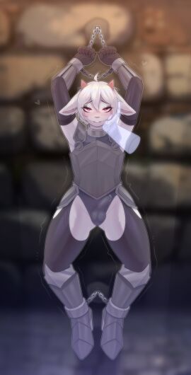 absurd_res anthro armor armwear balls blush bodily_fluids bondage bound bovid bulge caprine chained chains clothing collar cuff_(restraint) cum cum_in_clothing cum_through_clothing disembodied_hand femboy fur genital_fluids genitals ghost_hand gloves goat hair handcuffs handwear heart_symbol hi_res horn knight legwear male mammal metal_cuffs penis purple_eyes restraints shudayuda smile smiling_at_viewer solo stockings warrior wet wet_clothing white_body white_fur white_hair