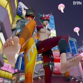 2girls 3d b9n big_feet feet female foot_fetish foot_focus kiriko_(overwatch) kiriko_kamori multiple_females multiple_girls orange-tinted_eyewear overwatch overwatch_2 soles tinted_eyewear toes tracer wrinkled_feet wrinkled_soles