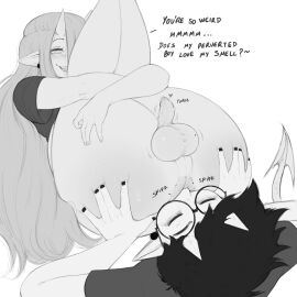 1boy 1futa absurd_res anal anus anus_sniff ass ass_focus ass_grab ass_sniff ass_sniffing balls big_anus big_ass big_balls big_balls_small_penis butt_sniffing dasi_(yxxzoid) demon demon_girl english_text female futanari intersex legs_together legs_up long_hair male mole mole_on_ass mole_on_balls monochrome musk musk_sniffing painted_nails penis scent scent_play scentplay simple_background small_penis smile smiling sniff sniffing sniffing_anus sniffing_ass sniffing_butt sniffing_musk spade_tail tail trans_woman transfem yxxzoid