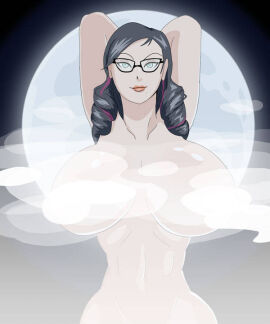1girls arms_behind_head arms_up bayonetta bayonetta_(character) bayonetta_3 black_hair breasts closed_mouth convenient_censoring female glasses green_eyes huge_breasts long_hair looking_at_viewer mole mole_under_mouth moon navel nude out-of-frame_censoring pheromonequeen pussy_out_of_frame smile solo steam steam_censor