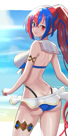 1girls alear_(female)_(seaside_dragon)_(fire_emblem) alear_(fire_emblem) alear_(fire_emblem)_(female) alternate_costume alternate_hairstyle ass beach big_ass bikini blue_hair breasts color female female_only fire_emblem fire_emblem_engage fire_emblem_heroes heterochromia large_breasts looking_at_viewer looking_back microskirt nintendo official_alternate_costume official_alternate_hairstyle outdoors pool-skirt red_eyes red_hair revealing_clothes skirt smile solo solo_female swimsuit tarutaru193 thick_thighs thighs