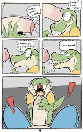absurd_res alligator alligatorid anthro balls blush bodily_fluids clothed clothing comic crocodile crocodilian crocodylid digital_media_(artwork) duo english_text erection first_person_view foreskin genital_fluids genitals green_body handjob hi_res male male/male mammal nude penile penis reptile scales scalie sex simple_background smile sodacaps solo tail teeth text tongue uncircumcised