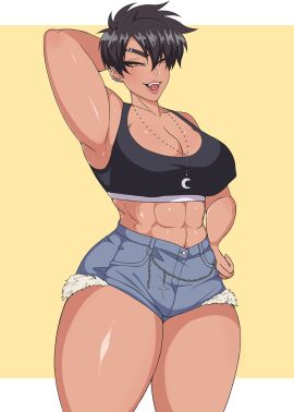 1girls abs athletic athletic_female big_breasts black_hair breasts curvy dark_skin demon_dog female large_breasts midriff muscular muscular_female piercing piercings pixie_cut short_hair shorts solo thick_thighs thighs tomboy tomoe_tsukishima_(demon_dog) yellow_eyes