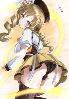 ass_focus black_panties blush cameltoe closed_mouth female from_behind large_ass looking_back magical_girl magical_girl_outfit mahou_shoujo_madoka_magica puella_magi_madoka_magica pussy smile tomoe_mami trefoil