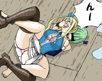2girls blonde-haired_female blonde_hair brandish_mew catfight fairy_tail female female/female female_only femdom grabbing grabbing_from_behind grappling green-haired_female green_hair lucy_heartfilia panchira panties ryona spread_legs wrestling wrestling_femdom wrestlingryona