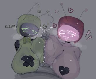 1boy 2girls :3 :o anon antennae big_breasts breasts collaboration covered_nipples crossover dandy's_world dialogue forsaken_(roblox) green_skin grey_background long_sleeves male musk nipples pink_skin precum roblox robot robot_girl robot_girls sandwiched sandwiched_in_boobs solo007_(artist) sweat tv_head vee_(dandy's_world) veeronica veeronica_(forsaken)