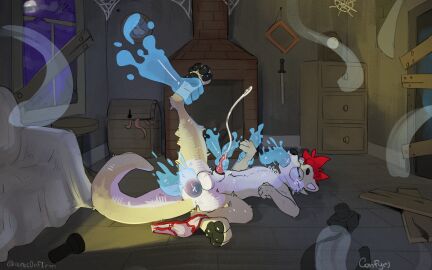 16:10 aka_the_otter anal anal_sex animal_genitalia anus bodily_fluids closed_eyes cum cuteconfy disembodied_hand gaping gaping_anus genital_fluids genitals ghost_hand haunted_house hi_res holding_leg male mammal mustelid oral oral_penetration otter pawpads paws penetration penis translucent translucent_penis widescreen