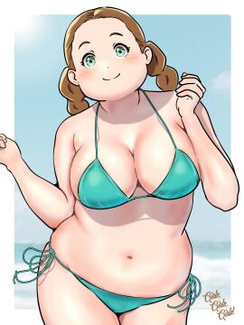 beach bikini blue_eyes blush braid breasts brown_hair chubby female gundam gundam_suisei_no_majo kenken28937178 lilique_kadoka_lipati medium_breasts navel plump side-tie_bikini_bottom smile solo standing swimsuit twin_braids
