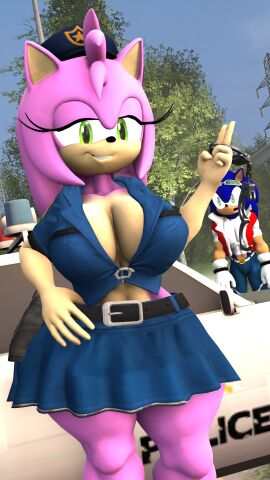 amy_rose big_breasts bluewyvern breasts busty cop_uniform female handcuffs police_uniform seductive_look skirt sonic_(series) sonic_the_hedgehog sonic_the_hedgehog_(series)