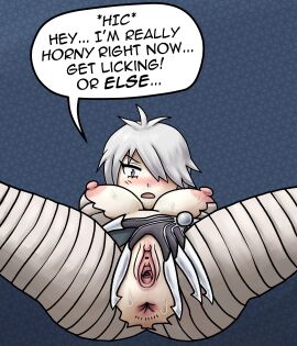 anus blush breasts cam_(artist) camhamsunite dialogue english_text female female_only grey_hair haihane hi_res nipples presenting presenting_pussy pussy ripped_clothing sekirei short_hair solo soubriquetrouge sweating tagme text vagina