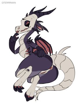 3:4 absurd_res anthro bone dragon ear_piercing female giterrrman hellaverse helluva_boss hi_res horn mythological_creature mythological_scalie mythology piercing scalie shy simple_background skeleton solo white_background wings