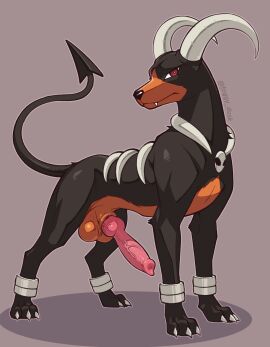 all_fours animal_genitalia animal_penis balls big_balls big_penis black_body canid canine canine_genitalia canine_penis erection feral foggy_dusk generation_2_pokemon genitals hi_res houndoom knot male mouth_closed nintendo nude penis pokemon pokemon_(species) red_eyes signature simple_background solo three-quarter_view vein veiny_penis