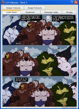 accipitrid accipitriform anthro avian balls bara belly biceps bird blush breath butch_(cosmictail) casual_nudity closed_eyes co-worker comic cosmictail crocodile crocodilian crossed_arms deltoids dialogue eagle english_text erection erection_under_towel fish forearm_muscles foreskin genitals golden_eagle great_white_shark grimace group hali_(cosmictail) hand_behind_head hi_res hyena jai_(cosmictail) locker_room mackerel_shark male male/male mammal marine musclegut muscles muscular muscular_legs muscular_thighs navel nipples nude one_eye_obstructed pecs penis public_erection reptile scalie seal_(cosmictail) shark sitting slightly_chubby speech_bubble stretching text towel towel_around_waist towel_only triceps true_eagle uncircumcised unwanted_erection white_shark yaoi yellow_sclera zayn_(cosmictail)