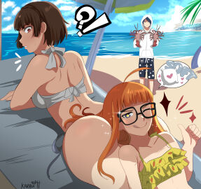 1boy 2girls absurdres ass beach beach_towel beach_umbrella bikini breasts brown_hair female glasses highres hood hoodie karbuitt large_breasts lobster looking_at_viewer looking_back makoto_niijima makoto_niijima_(swimsuit) male male_swimwear megami_tensei multiple_females multiple_girls ocean one_eye_closed orange_hair persona persona_5 pillow red_eyes sakura_futaba sakura_futaba_(swimsuit) small_breasts speech_bubble star-shaped_pupils star_(symbol) swim_trunks swimsuit symbol-shaped_pupils thought_bubble thumbs_up tongue tongue_out towel umbrella white_bikini wink yellow_bikini yusuke_kitagawa