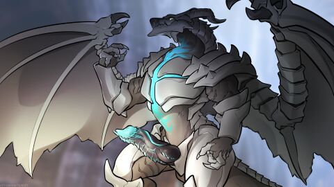 absurd_res animal_genitalia anus big_penis brown_body digital_media_(artwork) draconic_genitalia dragon erection european_mythology fangs feral genital_slit genitals green_body grey_body hi_res horn ket-dawnatsunset knot knotted_penis looking_at_viewer male male_only membrane_(anatomy) membranous_wings multicolored_body mythological_creature mythological_scalie mythology overlord_(maruyama) penile_spines penis scalie simple_background smaller_version_at_source solo tail teeth tsaindorcus_vaision western_dragon white_background wings