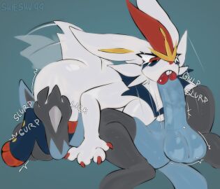 69_position all_fours anthro anthro_on_anthro ass ass_grab balls big_balls big_penis blue_balls blue_body blue_penis buckteeth butt_grab cinderace claws clothing duo duo_focus fellatio female generation_4_pokemon generation_8_pokemon genitals group hand_on_ass hand_on_butt hi_res huge_balls huge_cock humanoid_genitalia lagomorph legwear legwear_only leporid licking looking_at_another lucario male male/female mammal mostly_nude nintendo oral penile penis pokemon pokemon_(species) rabbit scut_tail sex shieshuqqq short_tail slurping stockings stockings_only sucking tail tail_motion tailwag teeth tongue white_body