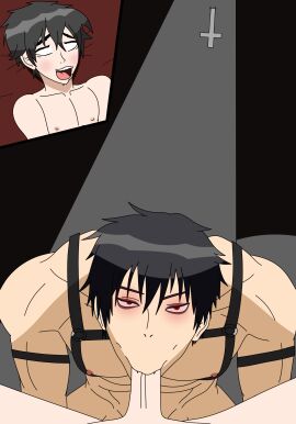 2boys blush cyles_cinning eyes_rolling_back face_closeup fangs fellatio gay gay_sex lair leather_straps male mind_control original original_artwork original_character original_characters pecs penis red_eyes self_upload submissive_male sucking_penis text_bubble upside_down_cross vampire