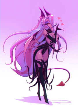 1girls bare_arms bare_legs bare_shoulders bare_thighs big_breasts bigdad breasts clothed clothing color covered_nipples demon demon_girl ember_(bigdad) female female_focus female_only helluva_boss hi_res large_breasts long_hair looking_at_viewer original original_character pink_body pink_hair pink_skin red_eyes solo solo_female succubus succubus_horns succubus_tail succubus_wings tagme thick_thighs