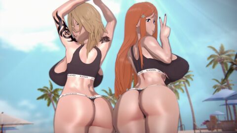 2girls 3d arms_above_head ass back beach blacked blacked_clothing bleach breasts cheating cheating_female cheating_girlfriend curvy female female_only from_behind hair_covering_eye huge_ass huge_breasts inoue_orihime koikatsu light-skinned_female light_brown_hair light_skin long_hair looking_at_viewer looking_back matsumoto_rangiku medium_hair netorare ntr numbersguy orange_hair outdoors qos queen_of_spades queen_of_spades_symbol queen_of_spades_tattoo smirk sports_bra sportswear tattoos thick_thighs thong underwear v_sign wide_hips