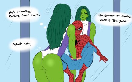 1boy 1girls 2d 2d_(artwork) ass big_ass crotch_rub dialogue english_text female femdom green-skinned_female green_body green_eyes green_hair groping hand_in_pants hulk_(series) leotard long_hair male marvel marvel_comics masked_male muscles muscular_female one-piece_suit reflection self_upload she-hulk sketchintheshade spider-man spider-man_(series) straight superhero superheroine text thick_thighs thong_leotard toned toned_female