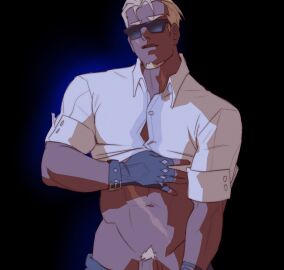 1boy bara blonde_hair bursting_pectorals clothes_pull cowboy_shot dark-skinned_male dark_skin dieonysuz facial_hair flaccid gloves goatee groin highres honkai:_star_rail honkai_(series) lifted_by_self looking_at_viewer male male_focus male_only masculine mature_male midriff pants pants_pull pectorals penis penis_out_of_frame penis_peek presenting_penis pubic_hair short_hair solo solo_male sparse_pubic_hair thick_eyebrows toned toned_male woolsey_(honkai:_star_rail) yaoi