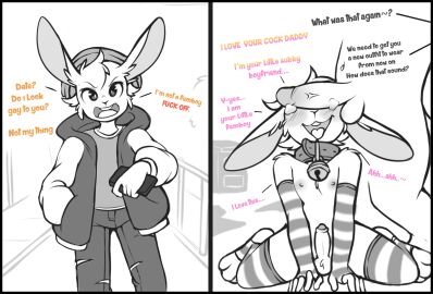 2023 3_toes 5_fingers absurd_res angry anthro armwear balls bell bell_collar blush bottomwear breath buckteeth cant_see_the_haters clothing collar crouching denim denim_bottomwear denim_clothing dialogue domination domination_loss drawer duo elbow_gloves electronics english_description erection feet femboy feminization fingers foreskin fur gay gay_male genitals gloves handwear happy hi_res holding_object holding_phone hoodie humanoid_genitalia humanoid_penis inside instant_loss_2koma jeans lagomorph leporid long_socks looking_at_viewer looking_pleasured male male/male male_only mammal nipples nude nude_male open_mouth outside pants penis penis_covering_eyes penis_over_eyes penis_size_difference phone rabbit sissification sissyfication small_penis speech_bubble straight_to_gay sutagaki teeth toes tongue tongue_out topwear torn_bottomwear torn_clothing torn_jeans torn_pants uncircumcised vein veiny_penis white_body white_fur yaoi