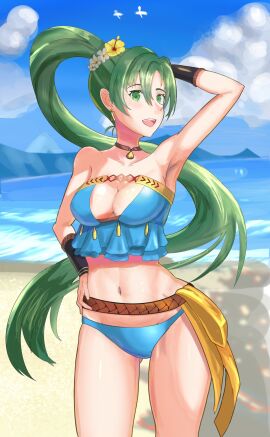 alternate_costume bikini blue_bikini blue_swimsuit breasts female female_only fire_emblem fire_emblem:_the_blazing_blade fire_emblem_heroes green_eyes green_hair lyn_(fire_emblem) nintendo official_alternate_costume solo standing swimsuit tarutaru193