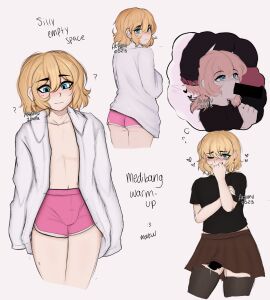 1boy 1femboy 2023 akyumu alternative_body_build ambiguous_gender ass ass_focus blonde_hair blue_eyes bulge censored cum erection fellatio femboy femboy_focus femboy_only feminine_male girly gym_shorts looking_at_viewer looking_back looking_down male milo_(akyumu) open_shirt oversized_clothes oversized_shirt pink_shorts precum running_shorts shorts shy skirt square_irises thighhighs white_shirt