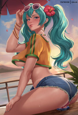 aqua_hair ass beach bead_choker bikini_tan blue_eyes blush bracelet brazil brazilian brazilian_female brazilian_miku breasts cloud covered_nipples cropped_shirt denim denim_shorts dildo dildo_reveal dildo_riding dildo_sitting earrings english_commentary exlic eyewear_on_head female flower gold_earrings gradient_sky gyaru hair_flower hair_ornament hatsune_miku highres jewelry large_breasts latina licking_lips long_hair looking_at_viewer masturbation midriff multiple_bracelets naughty_face no_bra no_panties object_insertion ocean open_mouth outdoors patreon_username petals plant pussy pussy_juice pussy_juice_puddle rectangular_earrings see-through see-through_clothing see-through_shirt see-through_top sex_toy shirt short_shorts shorts sitting sky sun sunglasses sunset tan tanline_peek tanlines tongue tongue_out twintails underboob vocaloid white-framed_eyewear yellow_shirt