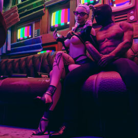 1boy 1girls 3d big_penis black_dress cocktail_dress crossed_legs dark-skinned_male dark_skin dress female fortnite glasses high_heels light-skinned_female light_skin male penis pink_hair sabina_(fortnite) shirt_lift shirt_up sunglasses tinted_eyewear