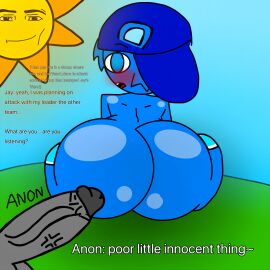 anonymous_male big_butt big_penis blue_cap blue_fur blue_skin bubble_butt confused cyan_thighhighs field_background gossip gossiping grass hamster hamster_ears jay_(sprunki) looking_at_viewer man_face_(roblox) mr._sun_(sprunki) planning sprunki sprunki_oc talking_to_viewer thighhighs traced_art veiny_penis without_knowing