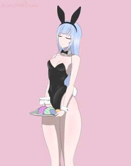 1futa balls bangs big_balls big_penis blue_hair breasts bulge bulge_through_clothing bunny_ears bunnysuit closed_eyes clothed clothed_futa clothing condom condom_balloon easter egg erection futa_only futanari holding_plate hololive intersex kawaiiredpandas light-skinned_futa light_skin long_hair painted_balls partially_clothed penis smile solo usada_pekora virtual_youtuber