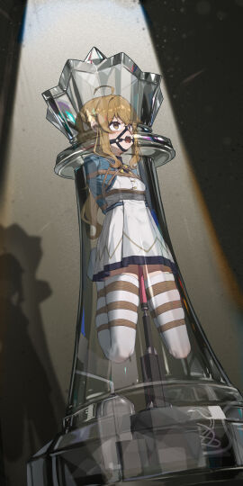 absurdres ahoge arms_behind_back bondage bound breasts brown_eyes brown_hair dildo dress frogtie gag gag_harness gagged highres long_hair monica_everett object_insertion restrained ring_gag sex_machine sex_toy shibari_over_clothes silent_witch skindentation small_breasts thighhighs vaginal_object_insertion vaginal_penetration white_thighhighs xiongmao zettai_ryouiki