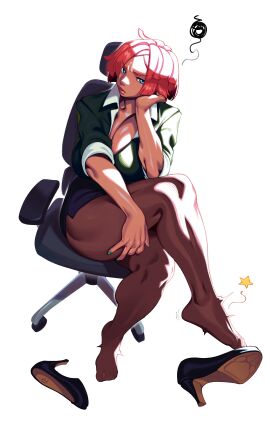 1girls absurdres ass big_ass big_breasts big_thighs black_skirt blue_eyes brazilian brazilian_female breasts brown_lips brown_pantyhose chair cleavage clothed collared_shirt commentary crossed_legs dark-skinned_female dark_skin eigaka english_commentary feet female female_only fingernails formal full_body giovanna_(guilty_gear) green_nails guilty_gear guilty_gear_strive high_heels highres huge_breasts nail_polish office_chair office_clothing office_lady pain pantyhose pencil_skirt plunging_neckline red_hair shirt shoe_dangle shoeplay shoes short_hair short_skirt single_shoe sketch skirt skirt_suit sleeves_rolled_up solo solo_female squiggle suit swivel_chair taking_off_shoes taking_shoes_off thick_thighs thighs toes unworn_shoes white_background white_shirt