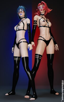 2girls 3d ass big_ass blender blender_(software) blenderanon blonde_hair blue_nail_polish blue_nails breasts breasts_out feet female fortnite fortnite:_battle_royale glasses glowing_eye harness hope_(fortnite) latex latex_gloves latex_stockings latex_straps latex_thighhighs looking_at_viewer medium_breasts nipple_pasties panties pasties red_hair red_nail_polish red_nails standing sunglasses tagme tinted_eyewear toeless_legwear valeria_(fortnite) watermark x_pasties