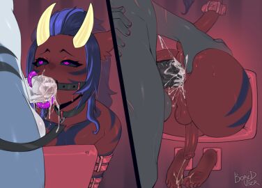 anus ass balls blaidd_(elden_ring) blush bodily_fluids bondage bored_user bound collar dungeons_and_dragons elden_ring erection femboy fromsoftware genital_fluids genitals glowing glowing_tongue group hair hi_res horn human humanoid kyle_r._fish male male/male mammal nude penis pyerack simple_background solo_focus sweat tail through_wall tiefling tongue tongue_out trio