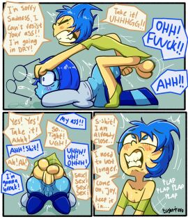 1futa 1girls 2024 anal anal_penetration anal_sex ass blightstar blue_body blue_eyes blue_hair blue_skin bottomless clothed clothing dialogue disney dress dry_anal duo duo_female duo_focus english_text erection female futa_on_female futanari huge_cock humanoid humanoid_penis inside_out inside_out_2 intersex joy_(inside_out) looking_up mostly_clothed no_lube pants pants_down penis penis_in_ass pixar sadness_(inside_out) sex sex_from_behind shirt short-haired_female short_hair speech_bubble sweat sweater sweating tagme text text_bubble yellow_body yellow_penis yellow_skin